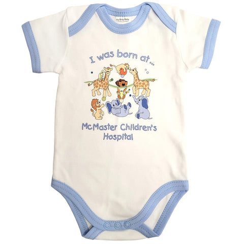 New Baby Onesie - "I was born at McMaster Children's Hospital", Blue