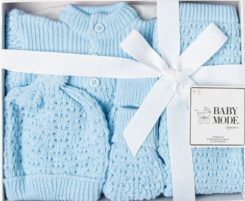New Baby - 4pc Boxed Gift Set - Blue Knit